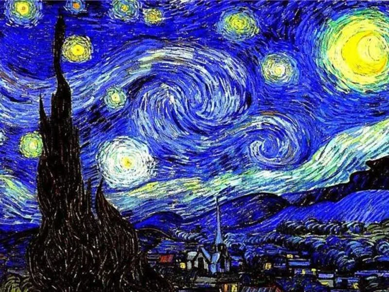 The Starry Night của Vincent van Gogh gây ấn tượng với bầu trời xoáy chuyển, màu sắc mạnh và cảm xúc nội tâm sâu sắc.