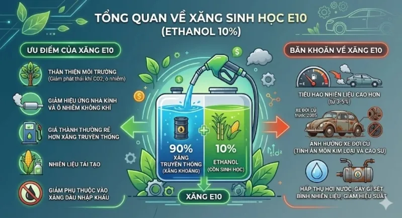 Thành phần chính của E10 gồm xăng nền pha với khoảng 10% ethanol có nguồn gốc sinh học.