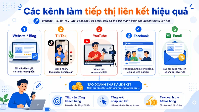 Website, TikTok, YouTube, Facebook và email đều có thể trở thành kênh tạo doanh thu từ liên kết.