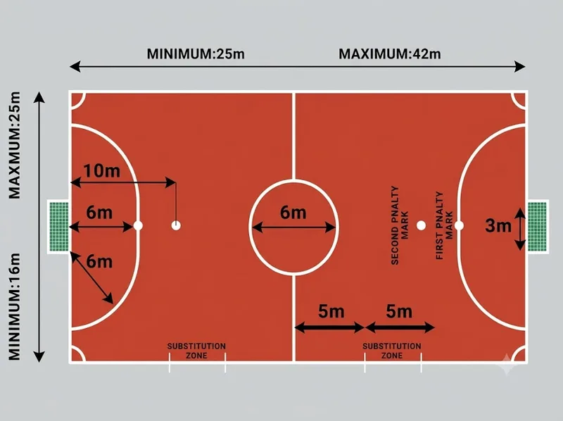 Cầu môn futsal rộng 3 m, cao 2 m cùng khu phạt đền bán kính 6 m.