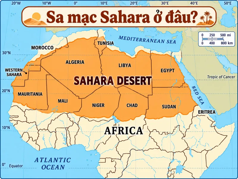 Sahara nằm ở Bắc Phi và trải dài qua hàng loạt quốc gia